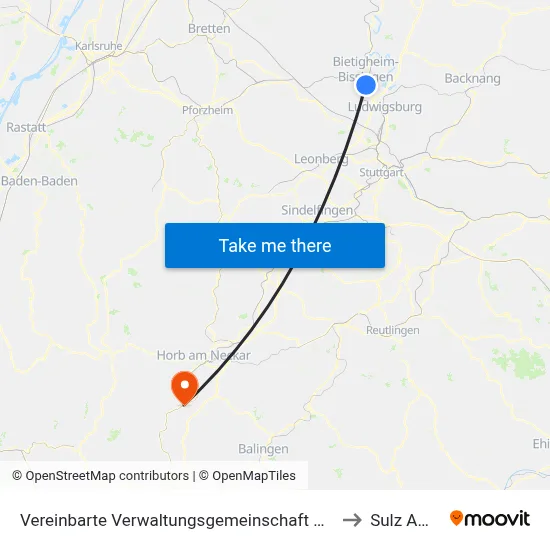 Vereinbarte Verwaltungsgemeinschaft Der Stadt Bietigheim-Bissingen to Sulz Am Neckar map
