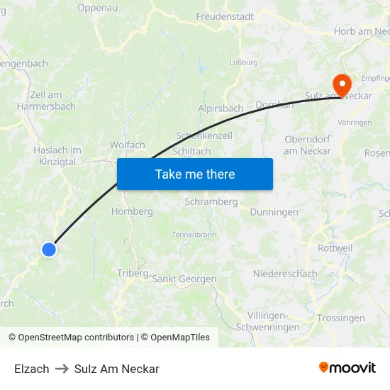 Elzach to Sulz Am Neckar map