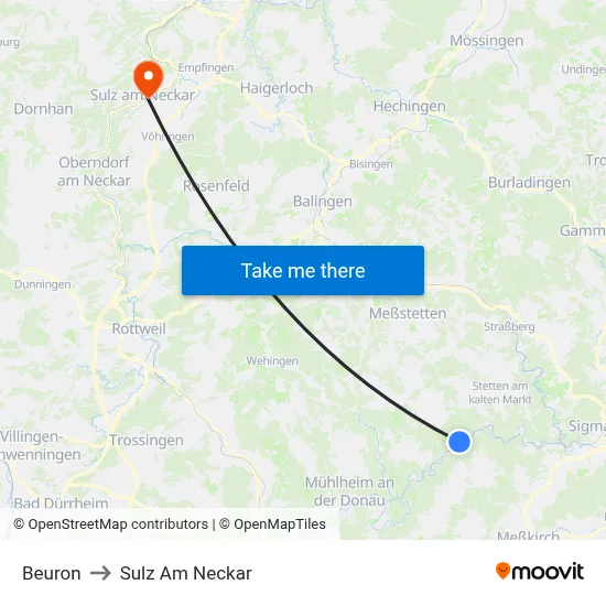 Beuron to Sulz Am Neckar map