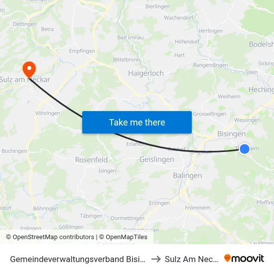 Gemeindeverwaltungsverband Bisingen to Sulz Am Neckar map