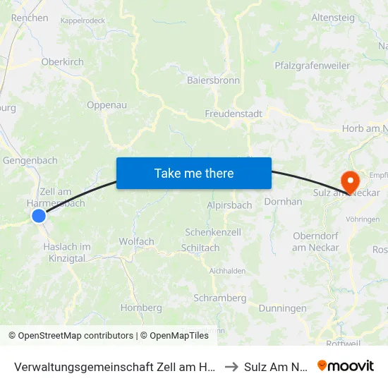 Verwaltungsgemeinschaft Zell am Harmersbach to Sulz Am Neckar map