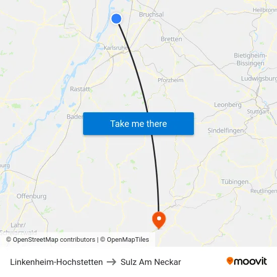Linkenheim-Hochstetten to Sulz Am Neckar map