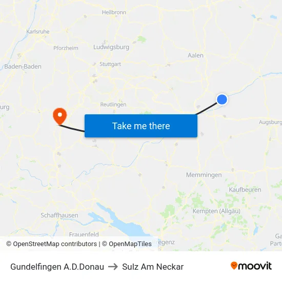 Gundelfingen A.D.Donau to Sulz Am Neckar map