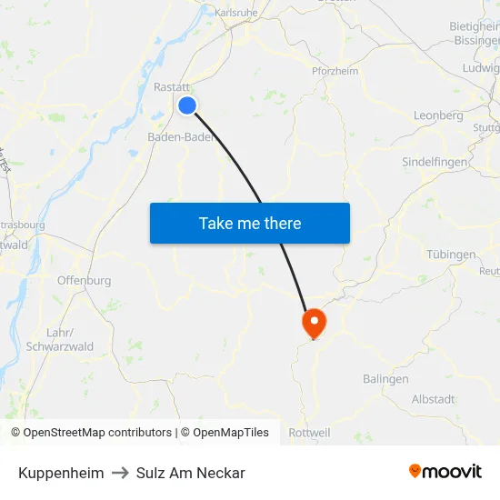 Kuppenheim to Sulz Am Neckar map