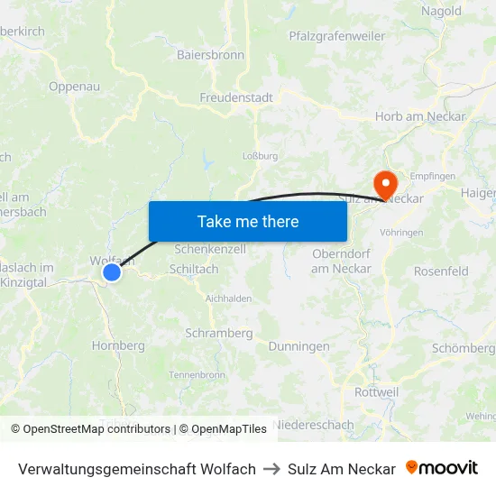 Verwaltungsgemeinschaft Wolfach to Sulz Am Neckar map