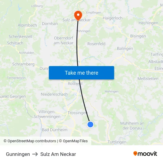 Gunningen to Sulz Am Neckar map