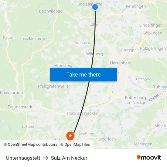 Unterhaugstett to Sulz Am Neckar map