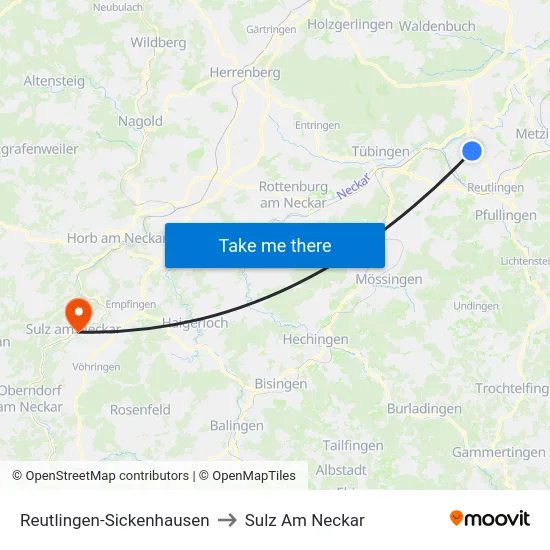 Reutlingen-Sickenhausen to Sulz Am Neckar map
