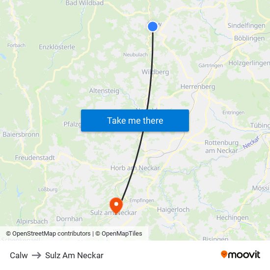Calw to Sulz Am Neckar map