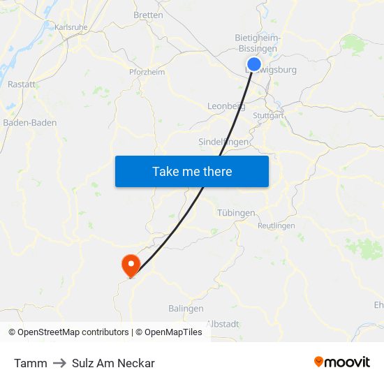 Tamm to Sulz Am Neckar map