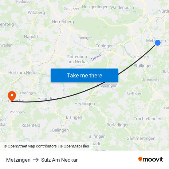 Metzingen to Sulz Am Neckar map