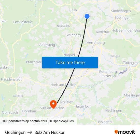 Gechingen to Sulz Am Neckar map
