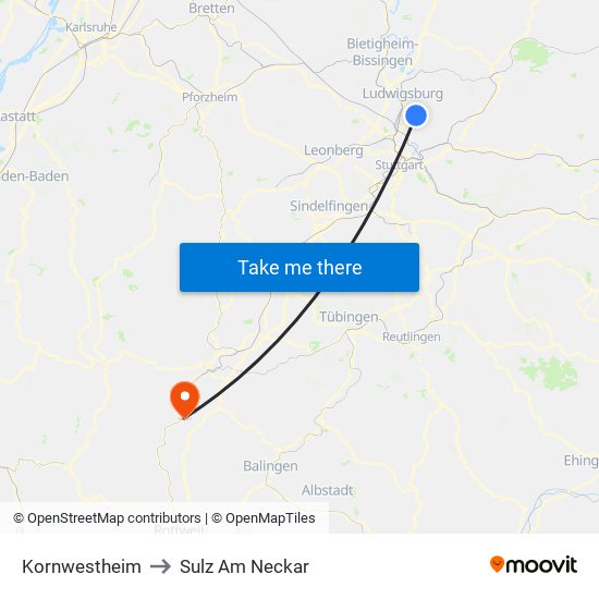 Kornwestheim to Sulz Am Neckar map