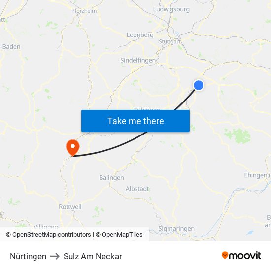 Nürtingen to Sulz Am Neckar map