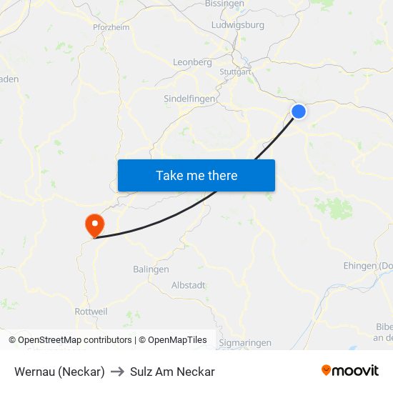 Wernau (Neckar) to Sulz Am Neckar map