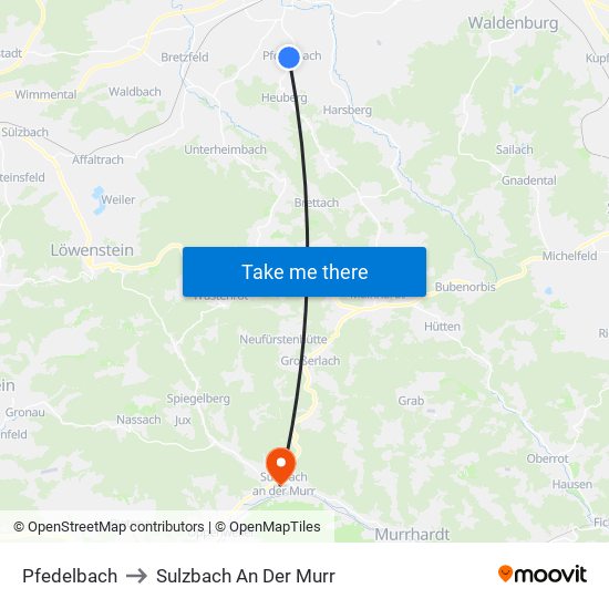 Pfedelbach to Sulzbach An Der Murr map