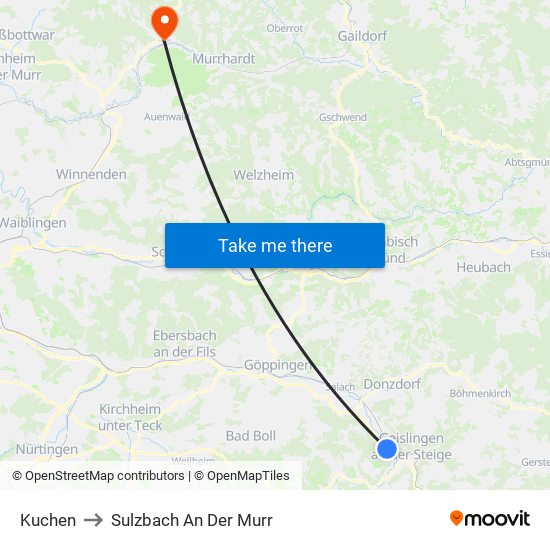 Kuchen to Sulzbach An Der Murr map