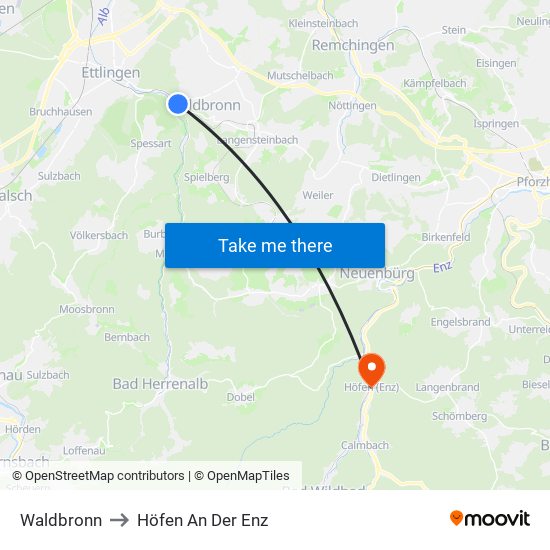 Waldbronn to Höfen An Der Enz map