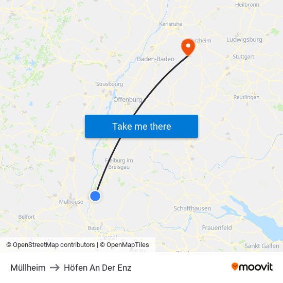 Müllheim to Höfen An Der Enz map