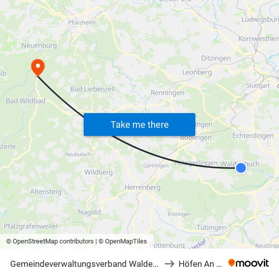 Gemeindeverwaltungsverband Waldenbuch/Steinenbronn to Höfen An Der Enz map