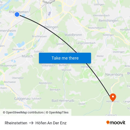 Rheinstetten to Höfen An Der Enz map