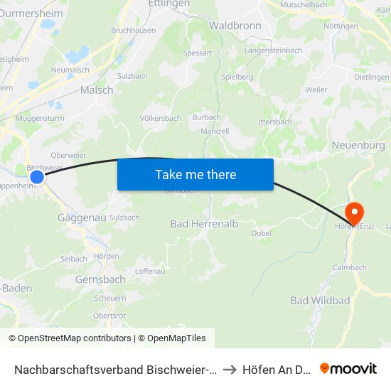 Nachbarschaftsverband Bischweier-Kuppenheim to Höfen An Der Enz map