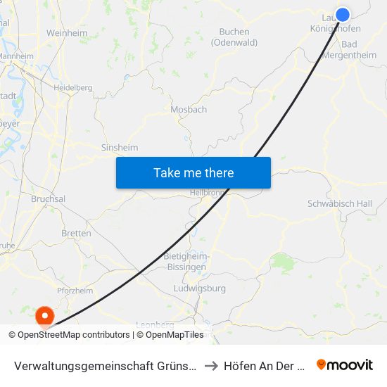 Verwaltungsgemeinschaft Grünsfeld to Höfen An Der Enz map