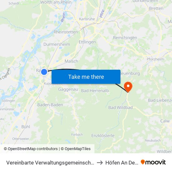 Vereinbarte Verwaltungsgemeinschaft Rastatt to Höfen An Der Enz map