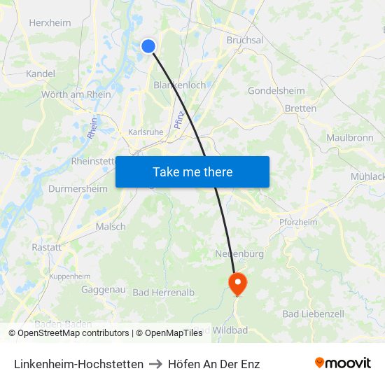 Linkenheim-Hochstetten to Höfen An Der Enz map