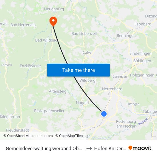 Gemeindeverwaltungsverband Oberes Gäu to Höfen An Der Enz map