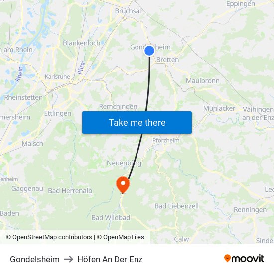 Gondelsheim to Höfen An Der Enz map