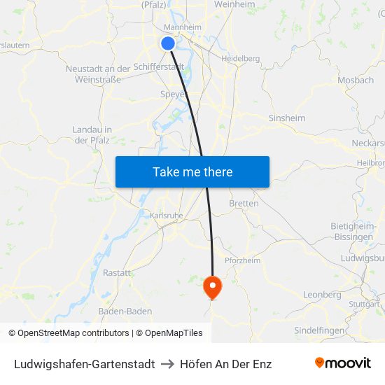 Ludwigshafen-Gartenstadt to Höfen An Der Enz map