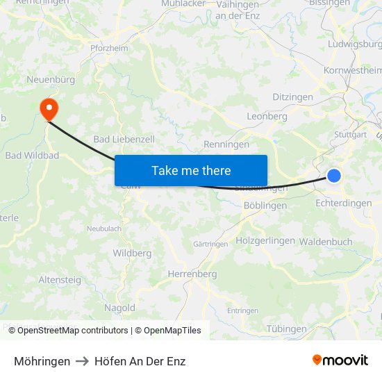 Möhringen to Höfen An Der Enz map
