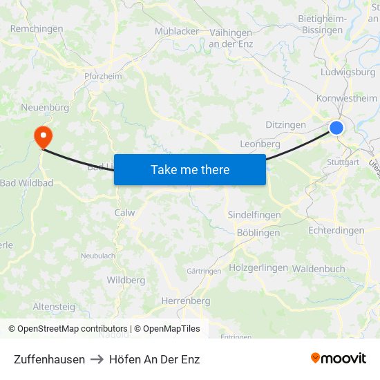 Zuffenhausen to Höfen An Der Enz map