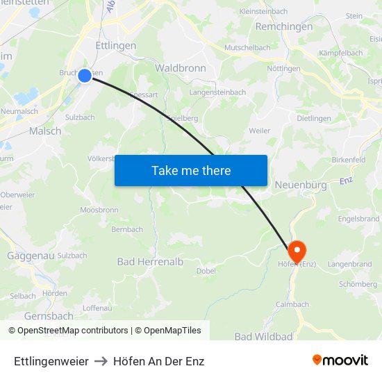Ettlingenweier to Höfen An Der Enz map