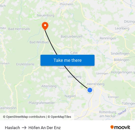 Haslach to Höfen An Der Enz map