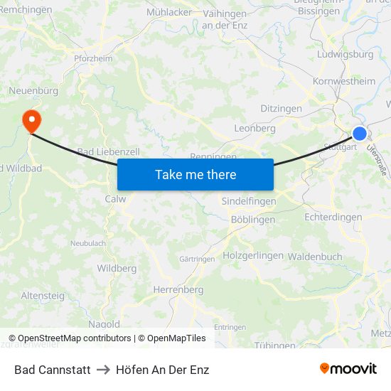 Bad Cannstatt to Höfen An Der Enz map