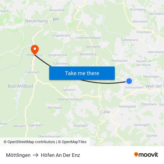 Möttlingen to Höfen An Der Enz map