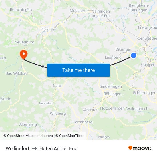 Weilimdorf to Höfen An Der Enz map