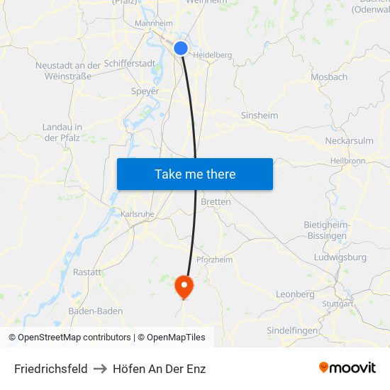 Friedrichsfeld to Höfen An Der Enz map