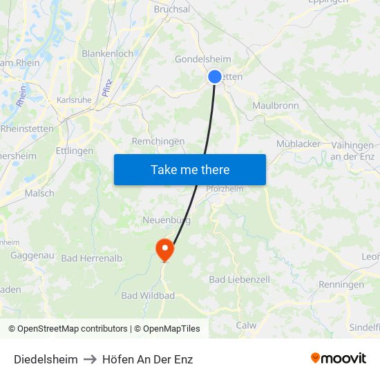 Diedelsheim to Höfen An Der Enz map