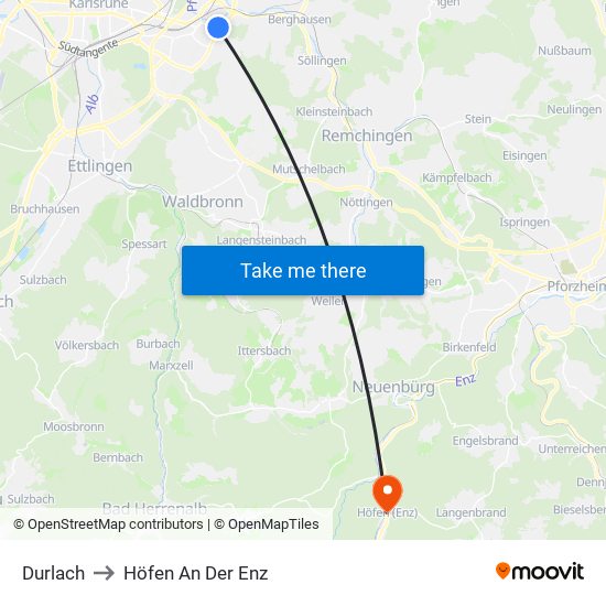 Durlach to Höfen An Der Enz map