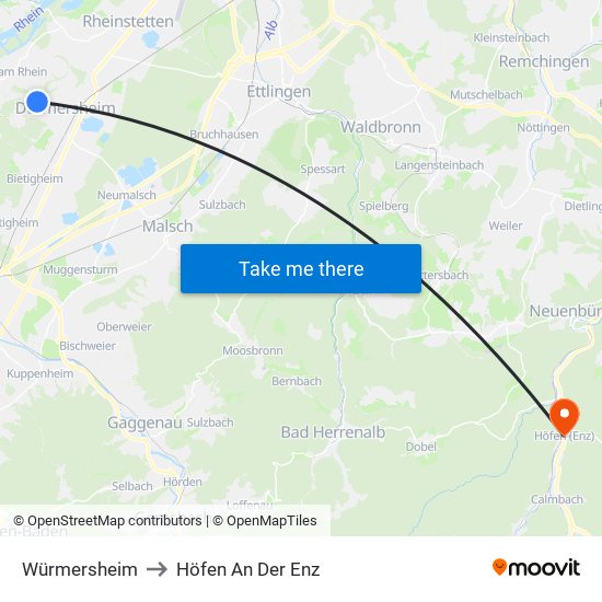 Würmersheim to Höfen An Der Enz map