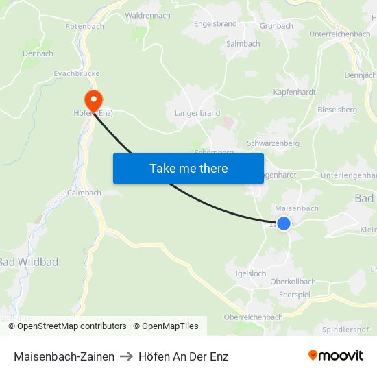 Maisenbach-Zainen to Höfen An Der Enz map