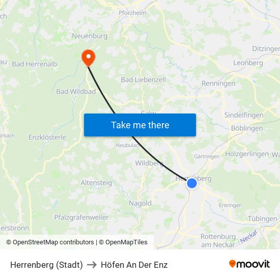 Herrenberg (Stadt) to Höfen An Der Enz map