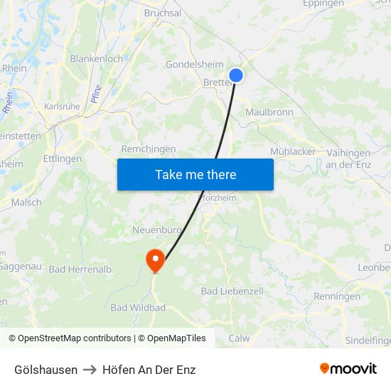 Gölshausen to Höfen An Der Enz map