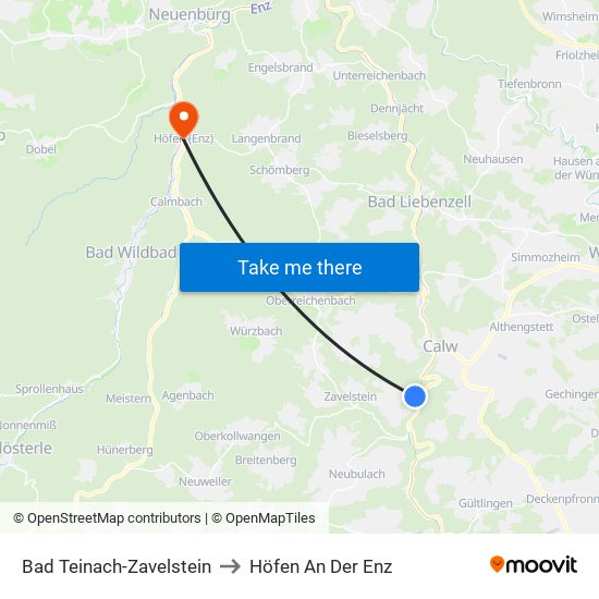 Bad Teinach-Zavelstein to Höfen An Der Enz map