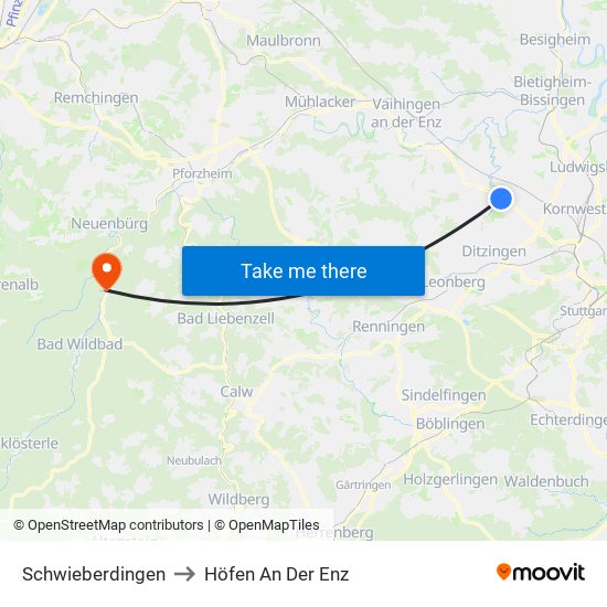 Schwieberdingen to Höfen An Der Enz map