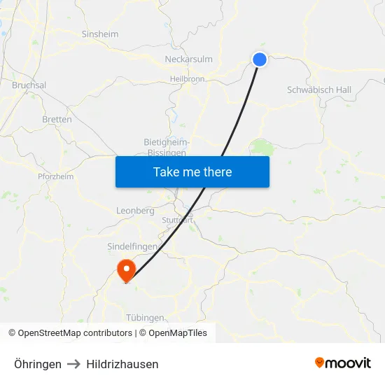 Öhringen to Hildrizhausen map