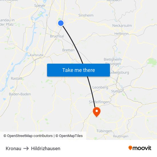 Kronau to Hildrizhausen map